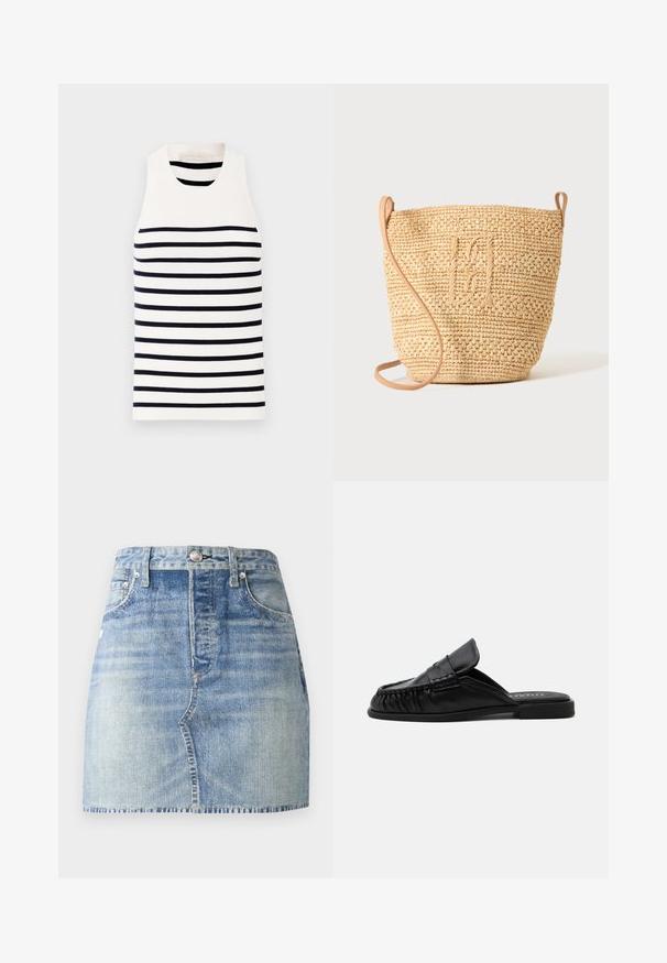 Vanessa Bruno EDEA - Top - ecru/marine; Denimnederdel i lyseblå vask, med høj talje og tætsiddende design, frynset kant og klassisk fem-lomme-stil. Søjlehardware i sølv.; Sort læder slip-on mule med flad sål, mokkasinstil syning og en foldet tungedetalje på en ensfarvet baggrund.; Vævet stråbuckettaske med struktureret mønster og læderrem, vist oprejst på en ensfarvet lys baggrund.