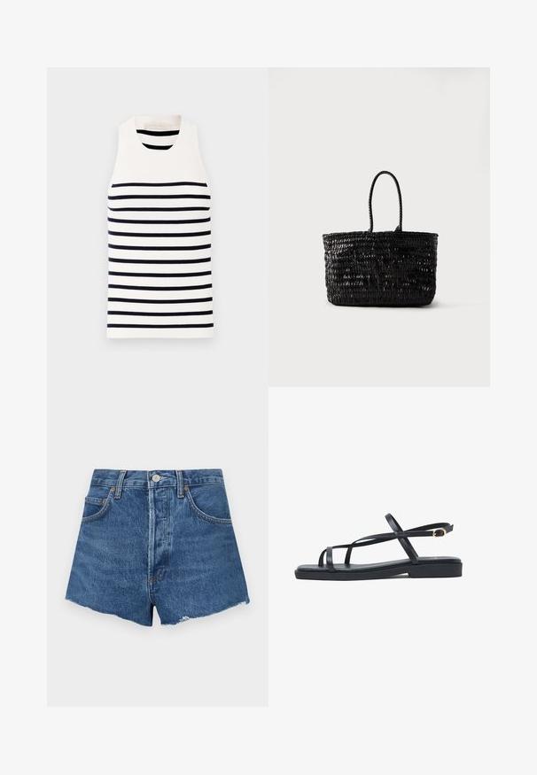 Vanessa Bruno EDEA - Top - ecru/marine; Denim shorts i mellemblå med en frynset kant, der har forlommer og en knaplukning. Tyndt og kraftigt materiale med let falmning.; Sort flad sandal med tynde remme, der krydser foden, og en anklerem med en lille guldbøjle på hvid baggrund.; Sort vævet lædertaske med to afrundede håndtag, stående oprejst på en ensfarvet hvid baggrund.
