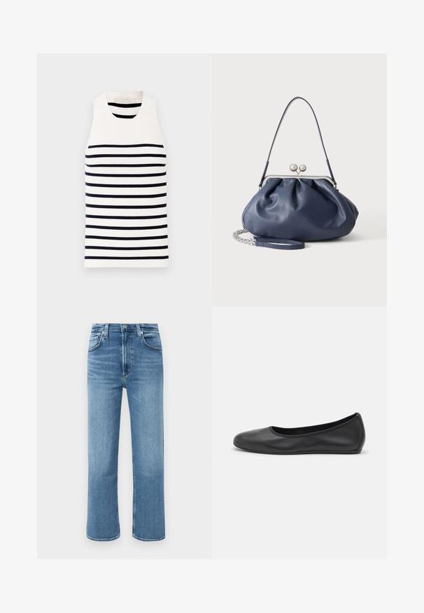 Vanessa Bruno EDEA - Toppi - ecru/marine; Kes jeans denim biru tengah, lurus, dengan pinggang tinggi, kancing depan, dan gaya lima kantong di latar belakang polos.; Musta nahkainen ballerina, jossa on pyöristetty kärki, sileä pinta, minimaalinen ommelkoristelu ja joustava pohjamuotoilu.; Pehme laivastonsininen nahkainen käsilaukku hopeanvärisellä solkikiinnityksellä, yksittäisellä olkahihnalla ja irrotettavalla ketjurannekkeella valkoisella taustalla.