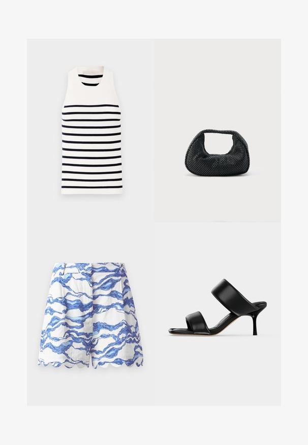 Vanessa Bruno EDEA - Top - ecru/marine; Hvide shorts med blåt bølgemønster, bølgede kanter, letvægtsstof, plisseret front og en afslappet pasform. Velegnet til afslappet brug.; Sort læder mule sandal med to brede remme og en slank mellemhøj stiletthæl på en ensartet lys baggrund.; Sort flettet hobo-taske med blød struktur og integreret håndtag, vist på en ensfarvet lys baggrund.