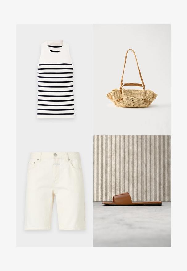 Vanessa Bruno EDEA - Débardeur - ecru/marine; CLOSED JINNIE - Short - white; Sandale plate marron Valentino à bout ouvert, appuyée contre une table ronde couleur ambre sur un tapis beige.; Sac à main beige tressé avec une longue lanière fine et des côtés froncés, avec une petite poignée enveloppée de cuir pour différentes options de port.