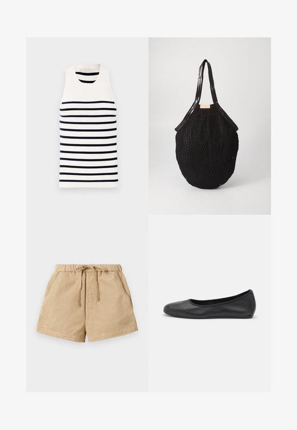 Vanessa Bruno EDEA - Top - ecru/marine; Khaki shorts gemaakt van zachte stof, met een elastische tailleband met trekkoord, twee zijzakken en een relaxte pasvorm.; Zwarte leren ballerina met een ronde neus, gladde textuur, minimale stikdetails en een flexibele zoolontwerp.; Zwarte geweven tas met een ovale vorm, voorzien van gladde handvatten en een gestructureerd netachtig ontwerp. Etiket zichtbaar aan de zijkant.