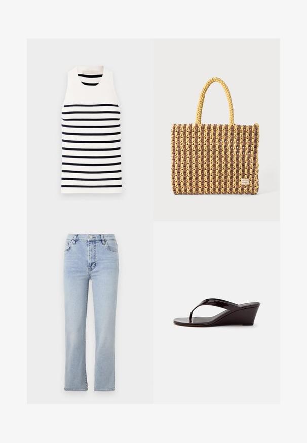 Vanessa Bruno EDEA - Top - ecru/marine; Lys blå denim jeans med lige ben-design, fem lommer, en knap- og lynlåslukning samt synlige syninger.; Brun patentlæder kile-sandal med tåremme og åben tå, vist i sideprofil på en ensfarvet baggrund.; Vævet taske i brun og gul, med en rektangulær form, to håndtag, og en tekstureret overflade med synlige sting og et mærke.