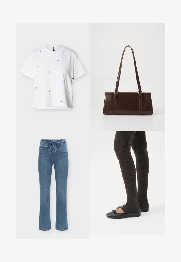 T-shirt blanc à manches courtes avec un col rond, présentant de petits motifs de cœurs bleus dispersés sur l'avant et les manches.; Jean bleu taille haute avec un détail lacé à l'avant et deux poches, coupe jambe droite, présenté sur un fond blanc uni.; Jambes portant des leggings côtelés foncés associés à des ballerines noires avec de petits détails en nœud sur fond blanc.; Sac à main en cuir verni marron de forme rectangulaire, avec deux longues poignées et des accents courbés subtils à l'avant.