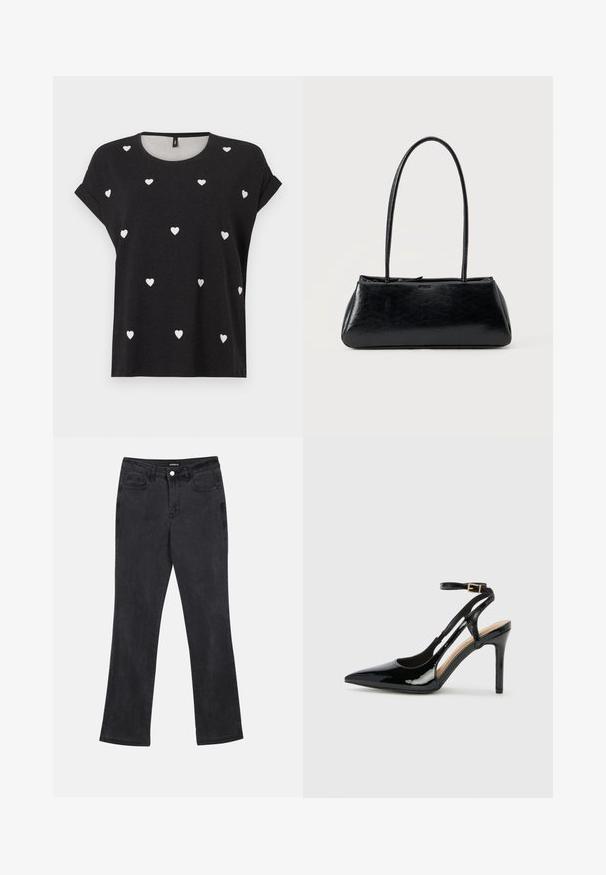T-shirt noir à manches courtes avec des motifs de petits cœurs blancs éparpillés, col rond et coupe décontractée. Confectionné dans un tissu doux.; Jeans noirs à jambe droite avec poches avant et arrière, passants de ceinture et fermeture à bouton à la taille.; Escarpin en cuir verni noir à talon haut, avec un bout pointu, une bride réglable à la cheville et des côtés ouverts. Texture lisse.; Sac à épaule rectangulaire noir avec de longues bretelles fines et une texture lisse et brillante sur un fond uni.