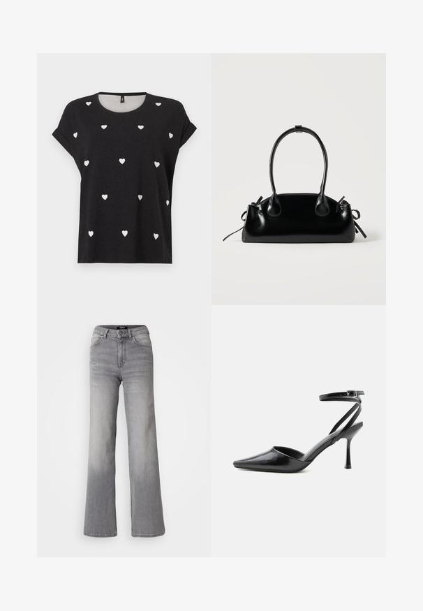 Schwarzes Kurzarm-T-Shirt mit verstreuten kleinen weißen Herzmustern, rundem Ausschnitt und lockerer Passform. Hergestellt aus einem weichen Textilmaterial.; Hochtaillierte graue Denim-Jeans mit geradem Bein, Frontknopf und Reißverschluss, Vorder- und Gesäßtaschen sowie ausgewaschenen Schattierungen an Oberschenkeln und Waden.; Schwarzer spitzer High Heel mit dünnen Knöchelriemen und silberner Schnalle auf einfachem hellem Hintergrund.; Kleine schwarze glänzende Handtasche mit zwei langen Griffen und seitlichen Kordelzug-Details vor einfachem hellem Hintergrund.
