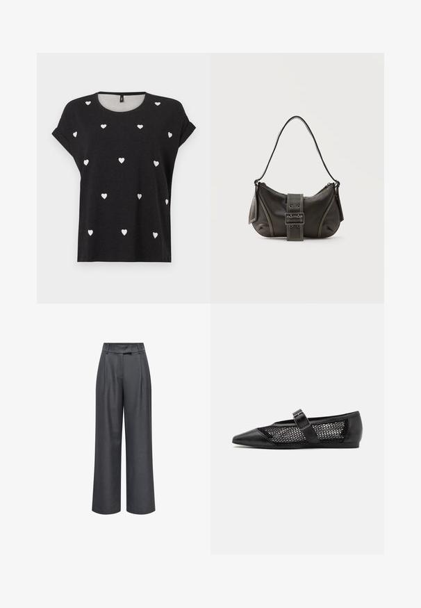 T-shirt noir à manches courtes avec des motifs de petits cœurs blancs éparpillés, col rond et coupe décontractée. Confectionné dans un tissu doux.; Pantalon large taille haute gris foncé avec passants de ceinture, plis devant et fermeture avant dissimulée.; Chaussure plate noire avec un bout pointu, panneaux latéraux en maille et une sangle avec une boucle décorative. Fini lisse sur les sections du bout et du talon.; Sac à épaule en cuir noir avec une sangle à boucle, des bords arrondis et des coutures blanches contrastées sur un fond uni.