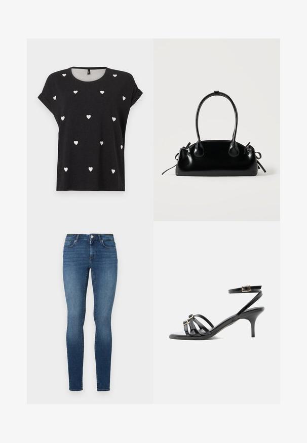 Schwarzes Kurzarm-T-Shirt mit verstreuten kleinen weißen Herzmustern, rundem Ausschnitt und lockerer Passform. Hergestellt aus einem weichen Textilmaterial.; Eng geschnittene Jeans aus dunkelblauem Denim, mit fünf Taschen, einem Frontknopf und einem Reißverschluss. Der Stoff hat eine glatte Textur mit leichten Ausbleichungen.; Schwarze Ledersandale mit Riemchen, Kittenabsatz, quadratischer Spitze, zwei vorderen Schnallen und einem Knöchelriemen mit goldener Schnalle.; Kleine schwarze glänzende Handtasche mit zwei langen Griffen und seitlichen Kordelzug-Details vor einfachem hellem Hintergrund.