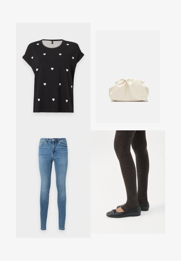Zwart T-shirt met korte mouwen, versierd met verspreide kleine witte hartjes, ronde halslijn en een losse pasvorm. Gemaakt van een zacht textielmateriaal.; Blauwe high waist skinny jeans met voorzakken, riemlussen, knoopsluiting en subtiele vervaging op de dijen en knieën.; Benen met donkere geribbelde leggings gecombineerd met zwarte ballerina's met kleine strikdetails op een witte achtergrond.; Zachte, crèmekleurige leren clutch met geplooid, gerimpeld ontwerp en een dunne schouderriem die vooraan op een effen achtergrond ligt.