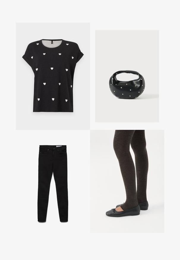 Zwart T-shirt met korte mouwen, versierd met verspreide kleine witte hartjes, ronde halslijn en een losse pasvorm. Gemaakt van een zacht textielmateriaal.; Zwarte skinny jeans van denim stof, met een klassiek ontwerp met vijf zakken, een ritssluiting en subtiele stiksel details.; Benen met donkere geribbelde leggings gecombineerd met zwarte ballerina's met kleine strikdetails op een witte achtergrond.; Zwarte leren handtas met een afgeronde vorm, versierd met zilveren studs, en een korte handgreep. Gladde textuur en ritsluiting.