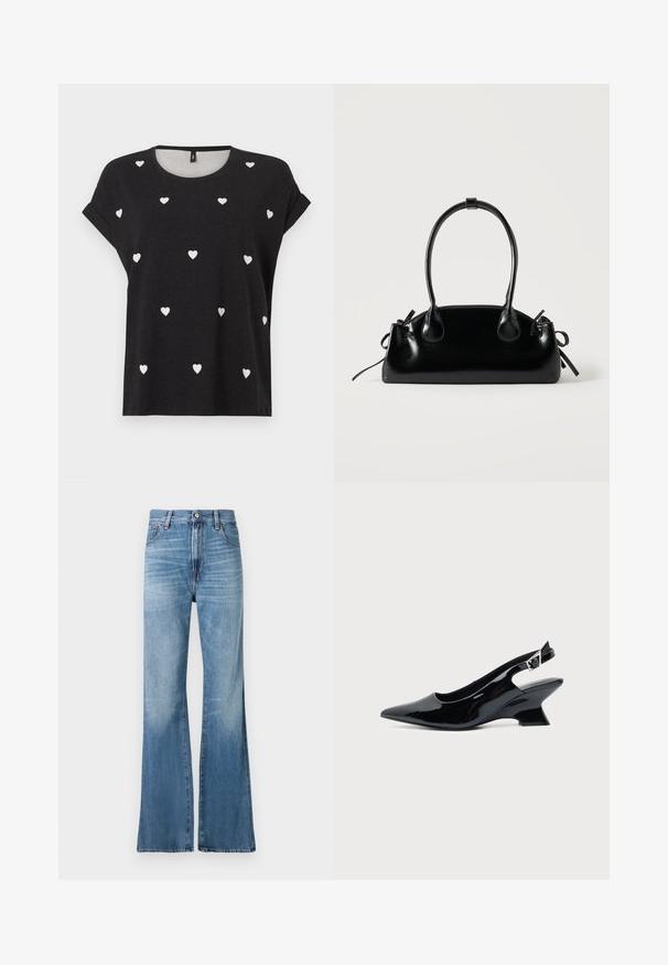 Schwarzes Kurzarm-T-Shirt mit verstreuten kleinen weißen Herzmustern, rundem Ausschnitt und lockerer Passform. Hergestellt aus einem weichen Textilmaterial.; Replay BECKA PANTS - Jeans Relaxed Fit - medium blue; Schwarzer Slingback-Schuh aus Lackleder mit spitzer Spitze und niedrigem, schrägem Blockabsatz auf einfachem hellem Hintergrund.; Kleine schwarze glänzende Handtasche mit zwei langen Griffen und seitlichen Kordelzug-Details vor einfachem hellem Hintergrund.