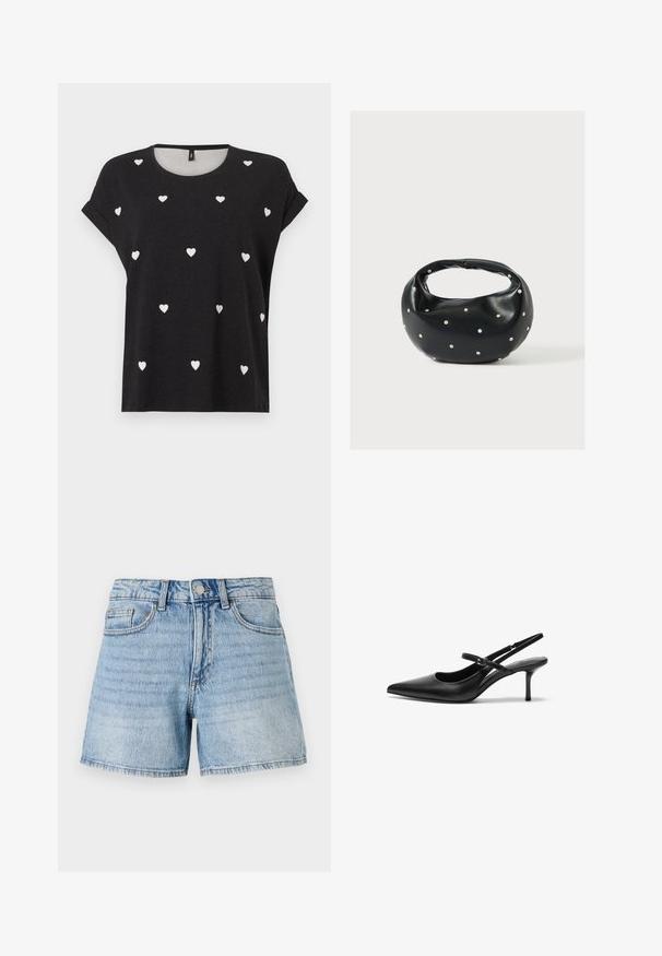 Schwarzes Kurzarm-T-Shirt mit verstreuten kleinen weißen Herzmustern, rundem Ausschnitt und lockerer Passform. Hergestellt aus einem weichen Textilmaterial.; Hellblaue Jeansshorts mit hoher Taille, fünf Taschen und ausgefranstem Saum. Verfügt über dezente Verblassungen und goldene Nahtdetails.; Schwarze Leder Slingback-Absätze mit einer spitzen Zehenform, schmalem verstellbarem Riemen und einem etwa 5 cm hohen Stiletto-Absatz, glatte Textur.; Schwarze Lederhandtasche mit abgerundeter Form, verziert mit silbernen Nietenakzenten und kurzem Griff. Glatte Struktur und Reißverschlussverschluss.