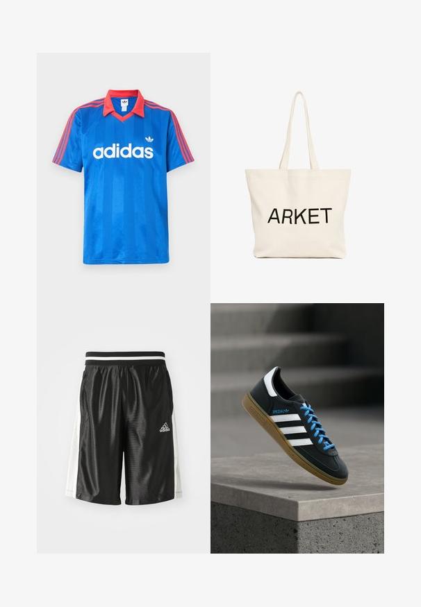 Blå Adidas kortærmet sportstrøje med rød krave og striber på skuldrene, med hvidt Adidas-logo og trefoldet emblem på brystet.; Sorte atletiske shorts med en glat overflade, elastisk talje med hvide striber og mesh-sider for åndbarhed. Adidas-logoet er til stede.; Sort Adidas sneaker med hvide striber, blå snørebånd og gummisål, der svæver over gråt betontrin i blødt lys.; Beige lærredsnet med lange håndtag og sort "ARKET" tekst trykt på forsiden.