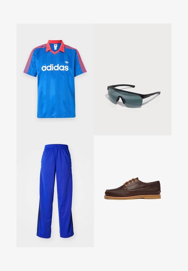 Blauw Adidas sportshirt met korte mouwen, rode kraag en strepen op de schouders, met wit Adidas-logo en driebladig embleem op de borst.; Blauwe sportbroek met een elastische tailleband, voorzien van zwarte zijstrepen, losse fit en een gladde textuur.; Bruine leren schoenen met een gestructureerd oppervlak, ronde neus, vetersysteem met gouden rondjes en een lichtbruine rubberen zool.; Sportzonnebril met een zwart frame, grote grijze lenzen en een wraparound ontwerp. Beschikt over een opvallende neusbrug en textuur op de pootjes.