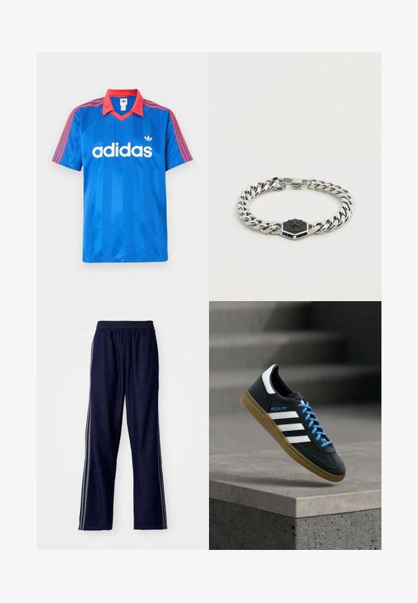 Blaues Adidas Sportshirt mit kurzen Ärmeln, rotem Kragen und Streifen auf den Schultern, mit weißem Adidas-Logo und Kleeblatt-Emblem auf der Brust.; Marineblaue Sporthosen mit einem elastischen Bund, ausgestattet mit drei weißen seitlichen Streifen und einem geraden Bein. Weicher Denim-Look.; Schwarzer Adidas-Sneaker mit weißen Streifen, blauen Schnürsenkeln und Gummisohle, der über einer grauen Betontreppe im weichen Licht schwebt.; Silbernes Metallkettenarmband mit einem sechseckigen schwarzen Emblem in der Mitte, das ein Löwendesign zeigt. Glatte Glieder sorgen für ein poliertes Finish.