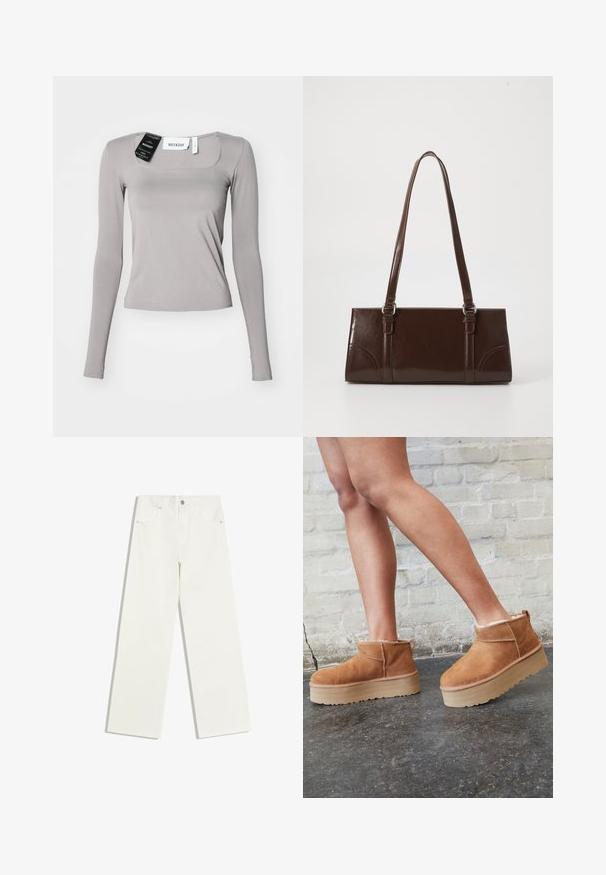 Long-sleeve shirt in light gray, featuring a square neckline, slim fit, and smooth fabric. Includes tags attached at the neckline.; White high-waist straight-leg jeans with front pockets and a button closure on a white background.; Brown suede ankle boots with a plush lining, thick beige platform sole, and a rear pull tab. Textured surface with visible stitching details.; Brown patent leather handbag with a rectangular shape, two long handles, and subtle curved accents on the front.