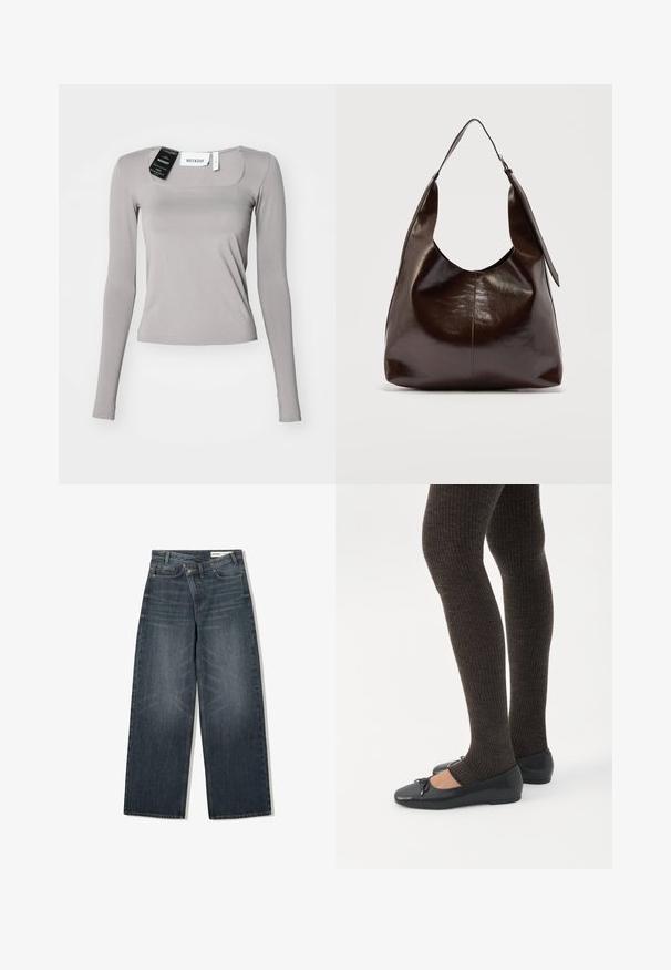 Langærmet skjorte i lys grå, med firkantet udskæring, slim fit og glat stof. Indeholder mærker fastgjort ved udskæringen.; Mørk vaskede denim jeans med en bred benudskæring, der har høj talje, fem lommer og diskrete slidser på forsiden.; Ben iført mørke ribbede leggings kombineret med sorte balletsko med små sløjfedetaljer på hvid baggrund.; Mørkebrunt, skinnende læder skuldertaske med en enkelt bred rem og spændedetalje på den ene side, sat mod en ensartet lys baggrund.