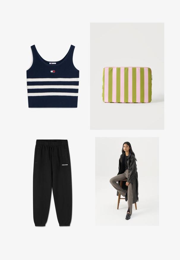 Marineblå cropped tanktop med to hvide, horisontale striber og et lille Tommy Jeans logo på brystet og indersiden af kraven.; Sorte sweatpants lavet af blødt stof, med snoretræk i taljen, tætsiddende ben og sidelommer. "PEGADOR" logo i hvid på fronten.; Sort læder trench coat med knapper og bælte detalje, parret med lysebrune tætsiddende bukser og sorte loafers, siddende på en træstol.; Rektangulært etui med lodrette lyserøde og grønne striber og lynlås lukning på en ensfarvet baggrund.