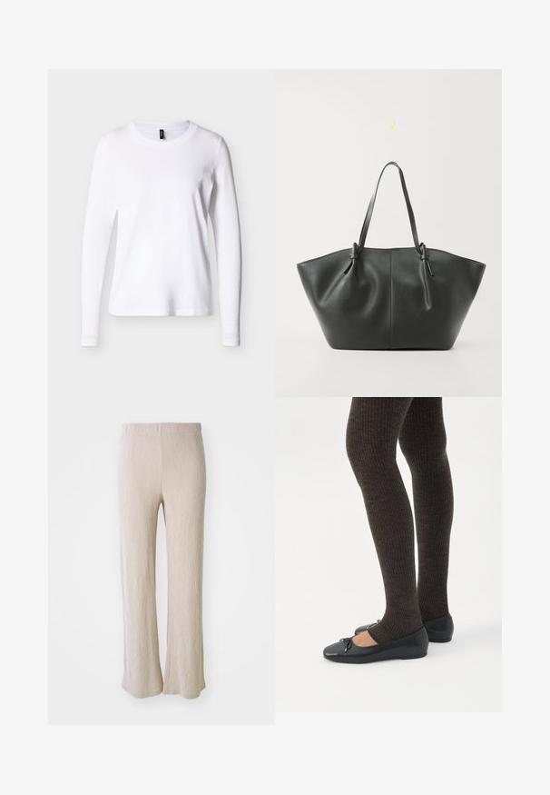 T-shirt blanc à manches longues avec col rond, présenté sur un fond neutre, vue de face avec une étiquette noire au niveau du col.; Pantalon beige à jambes larges en tissu texturé avec des rayures verticales. Dispose d'une taille élastique et d'une coupe décontractée sur toute la jambe.; Jambes portant des leggings côtelés foncés associés à des ballerines noires avec de petits détails en nœud sur fond blanc.; Vero Moda VMDITTA - Cabas - black