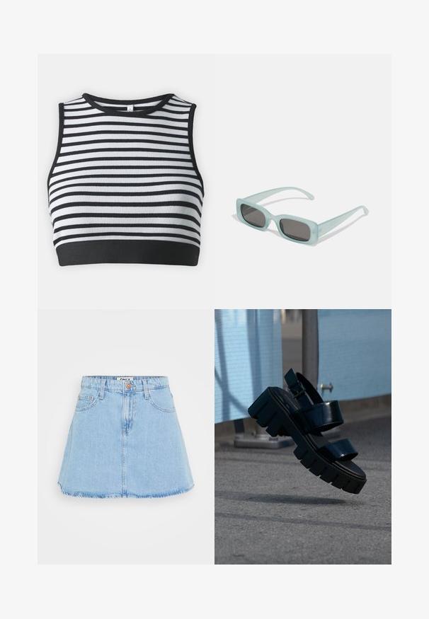 Čierno-biely pruhovaný bezramienkový crop top s rebrovou štruktúrou a pevným čiernym lemom. Okrúhly výstrih s kontrastným okrajom.; Svetlomodrá džínová sukňa so širokým strihom, dizajnom s piatimi vreckami a surovým lemom. Obsahuje predné zapínanie na gombík a pútka na opasok.; Čierna masívna platformová sandála s dvoma remienkami a prackou, visí vo vzduchu nad šedou dlažbou a modrým textilným pozadím.; Párik obdĺžnikových slnečných okuliarov s svetlomodrými priehľadnými rámami a tmavosivými sklami, s rovnými stranami a minimálnymi hardvérovými detailmi.