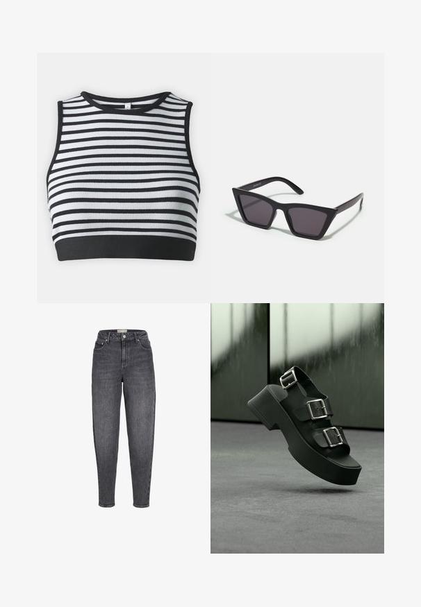 Sort og hvid stribet ærmeløs crop top med ribbet tekstur og en solid sort kant. Rund halsudskæring med kontrasterende kant.; Sortvaskede jeans med høj talje, tilspidset pasform, forlommer, bæltestropper og knaplukning foran.; Sort platformsandal med tre brede remme og sølvspænder, svævende over et gråt tæppe med sløret glasbaggrund.; Sorte, kantede solbriller med grå linser; lavet af plast, med tykke stænger med en glat overflade og ingen synlig hardware.