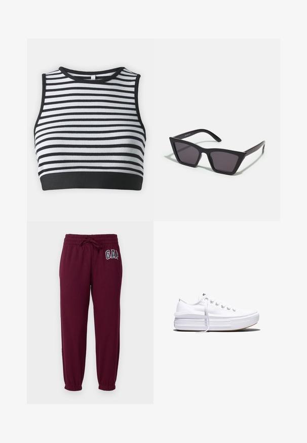 Μαύρη και άσπρη ριγέ αμάνικη μπλούza crop top με ραμμένη υφή και ομοιόμορφο μαύρο στρίφωμα. Στρογγυλή λαιμόκοψη με αντίθετο γαζί.; GAP Petite HERITAGE - Παντελόνι φόρμας - ruby wine; Λευκό καμβαδένιο αθλητικό παπούτσι χαμηλού προφίλ με παχιά σόλα τύπου πλατφόρμας, δέσιμο με κορδόνια μπροστά και λαστιχένιο καπάκι δακτύλων με υφή, απεικονίζεται σε πλευρικό προφίλ.; Μαύρα, γωνιώδη γυαλιά ηλίου με γκρι φακούς; κατασκευασμένα από πλαστικό, με χοντρές βραχίονες με λεία επιφάνεια και χωρίς ορατό μηχανισμό.
