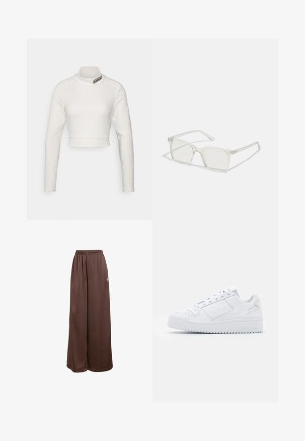 adidas Originals CROPPED - Langærmet T-shirt - white; adidas Originals Træningsbukser - auburn cream white; Hvide lædersneakers med en glat overflade, rund tå, lavsnit, snørebånd og en platformsolet, der har diskret branding på siden.; Klare plastiske briller med firkantet ramme og gennemsigtige linser, der har guld accenter på tempelstængerne for ekstra detaljer.