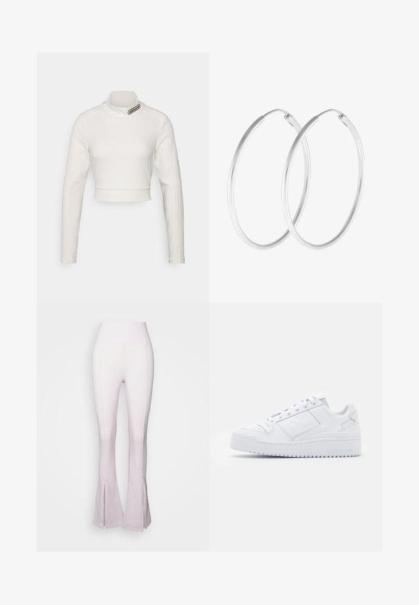 adidas Originals CROPPED - Top s dlhým rukávom - white; Svetloružové rozšírené nohavice s vysokým pásom, s hladkou textúrou a rozparkom na spodnej časti. Vyrobené z elastického, priliehavého materiálu.; Biele kožené tenisky s hladkým povrchom, okrúly prst, nízky strih, šnúrky a platformová podrážka s jemným brandingom na boku.; Strieborné kruhové náušnice s hladkým, okrúhlym tvarom a lešteným povrchom. Obe náušnice sú rovnakej veľkosti a disponujú bezpečným uzatváracím mechanizmom.