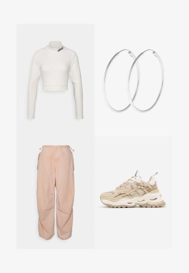 adidas Originals CROPPED - Langærmet T-shirt - white; BDG Urban Outfitters BAGGY CARGO - Jeans Relaxed Fit - acid pink; Beige og hvide chunky sneakers med tyk sål, mesh- og læderpaneler, ovale udskæringer i mellemsålen, trækstropper på tunge og hæl.; Sølvfarvede hoop øreringe med en glat, rund form og en poleret overflade. Begge øreringe er i samme størrelse og har en sikker lukke mekanisme.