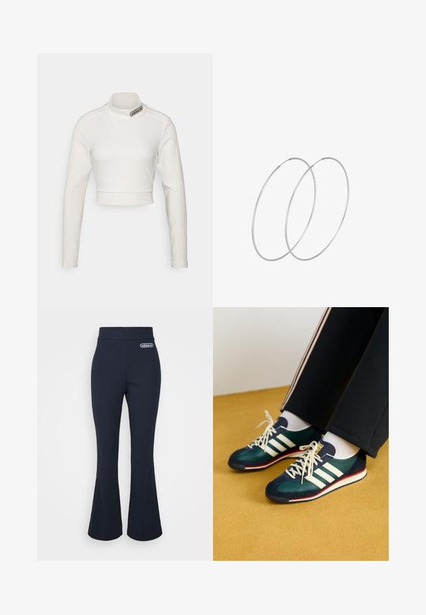 adidas Originals CROPPED - Langarmshirt - white; adidas Originals FALRE TROUSERS - Jogginghose - legend ink; Grüne Wildleder- und Mesh-Sneaker mit weißen Streifen und roten Akzenten. Sie verfügen über eine flache Sohle und eine runde Zehenpartie, die mit cremefarbenen Schnürsenkeln gebunden sind.; Silberne Creolen mit minimalistischem Design. Rundform, glatte Oberfläche und dünnes Profil. Leichtgewichtig mit hochglänzender Oberfläche.