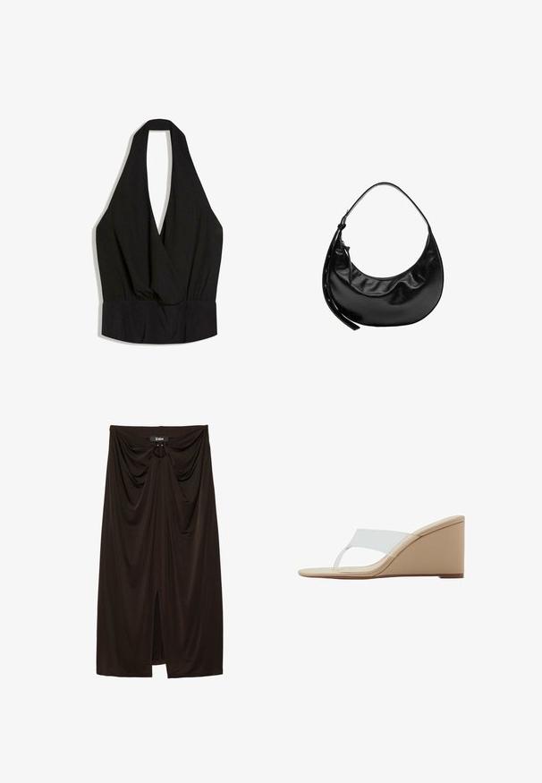 Haut noir sans manches avec col licou plongeant en V profond et taille ajustée, fabriqué en tissu doux et drapé.; Jupe midi noire en tissu doux, présentant un design drapé, un détail de nœud central et une fente avant pour plus de mouvement.; Sandale compensée beige avec une large bride transparente et un design à lanière entre les orteils sur fond blanc.; Sac à main en cuir noir en forme de croissant avec une courte bandoulière et une fermeture éclair avec une languette en cuir latérale.