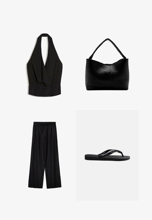 Haut noir sans manches avec col licou plongeant en V profond et taille ajustée, fabriqué en tissu doux et drapé.; Pantalon ample noir à taille élastique avec cordon de serrage devant, fabriqué en tissu léger.; Tongs en caoutchouc noir avec semelle texturée et bride en Y lisse sur un fond clair uni.; Sac à main tissé noir avec une anse unique tressée, forme rectangulaire et surface texturée brillante.