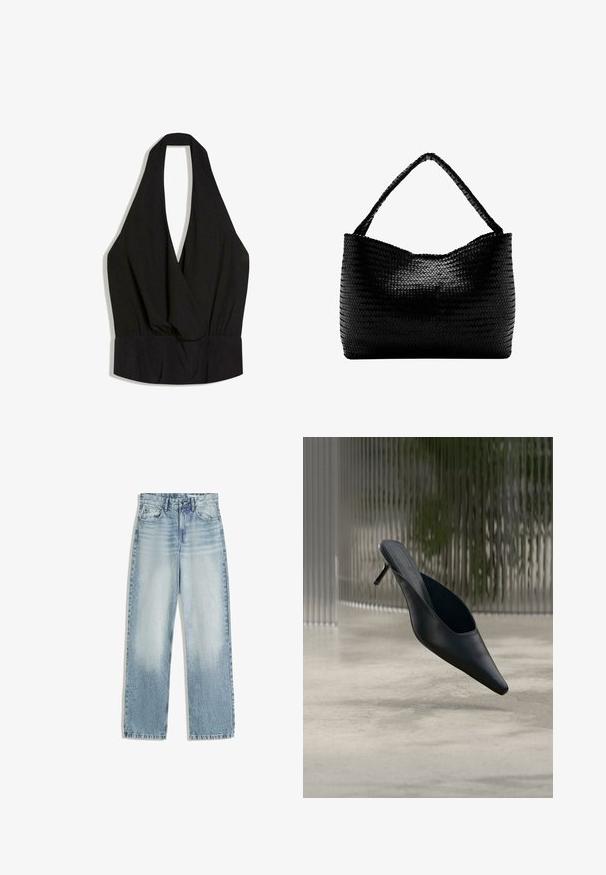 Haut noir sans manches avec col licou plongeant en V profond et taille ajustée, fabriqué en tissu doux et drapé.; Jeans en denim bleu clair, taille haute, avec une coupe droite. Comprend un style classique à cinq poches et une décoloration subtile sur l'avant.; Mule noire à bout pointu avec un talon fin et haut flottant au-dessus d'un sol en béton lisse, avec un arrière-plan flou à rayures verticales.; Sac à main tissé noir avec une anse unique tressée, forme rectangulaire et surface texturée brillante.