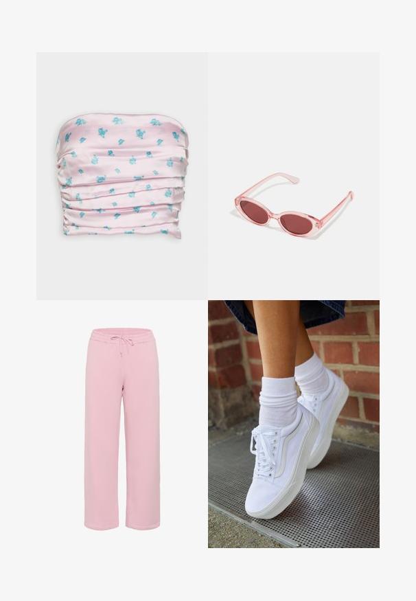 Gina Tricot PLEATED TUBE - Topp - blue; Kerged roosad dressipüksid, mis on valmistatud pehmest kangast, laia jala disainiga, elastse vöökoha ja sidumispaelaga ning mansettidega äärtega.; Valged kanvas tennisikud kummitaldadega, kuue silmaga, ümmarguse varbaga ja kergete tikandite detailidega, koos valgete pahkluusokkidega.; Roosa läbipaistvusega prillid ovaalsete läätsedega, tumepunase varjundiga ja peenikeste varsidega, millel on sile viimistlus ja peened detailid raamile.