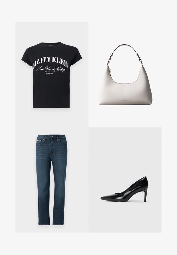 Zwart T-shirt met korte mouwen en witte tekst "Calvin Klein New York City Established 1968" gecentreerd op de voorkant.; Donkerblauwe spijkerbroek met een rechte pasvorm, voorzakken, een knoopsluiting en subtiele stikseldetails op de tailleband.; Zwarte leren hoge hak met een spitse neus, een gladde textuur en een tapse hak. Minimalistisch ontwerp, geen extra versieringen.; Romige Calvin Klein leren schoudertas met gebogen bovenrand, zilveren rits en donkerbruine verstelbare riem.