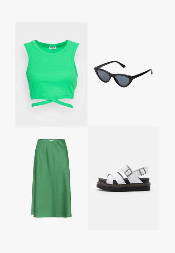 Groene geribbelde crop top met een mouwloze uitstraling en een ronde halslijn. Voorzien van een wikkelstijl sluiting bij de taille. Textuurstof.; Groene satijnen rok met elastische tailleband, middenlengte, gladde textuur en een eenvoudig, vloeiend ontwerp zonder zichtbare patronen of accenten.; Witte leren sandalen met verstelbare gespsluitingen, gelaagde zwarte plateauzool en oranje stiksel langs de rand.; Zwarte cat-eye zonnebril met donkergrijze lenzen, slank plastic frame, puntige hoeken en rechte pootjes. Geen zichtbare hardware of accenten.