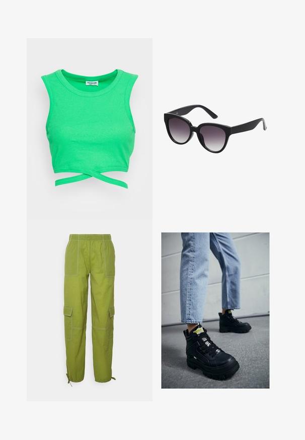 Groene geribbelde crop top met een mouwloze uitstraling en een ronde halslijn. Voorzien van een wikkelstijl sluiting bij de taille. Textuurstof.; Envii ENKIWI PANTS - Cargobroek - grasshopper; Zwarte hoge sneakers met een chunky zool, voorzien van vetersluiting, logo-accenten en gele labels. Gdragend met lichtblauwe cropped jeans.; Zwarte cat-eye zonnebril met grijs verlooplenzen. Dikke, glanzende kunststof montuur en taps toelopende armen. Geen zichtbare merknaam of versieringen.