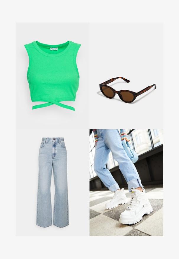 Groene geribbelde crop top met een mouwloze uitstraling en een ronde halslijn. Voorzien van een wikkelstijl sluiting bij de taille. Textuurstof.; Lichtblauwe denim broek met wijde pijpen, hoge taille, klassiek vijfzakkenontwerp en contrasterende stiksels. Rauwe zoom aan de onderkant.; Witte chunky sneakers met dikke zolen, veter-sluiting aan de voorkant en een merketiket. Draagt met lichtblauwe opgerolde jeans op een patroonvloer.; Bruine schildpad zonnebril met een vintage cat-eye vorm en bruine lenzen. Heeft gebogen armen met rode accenten.