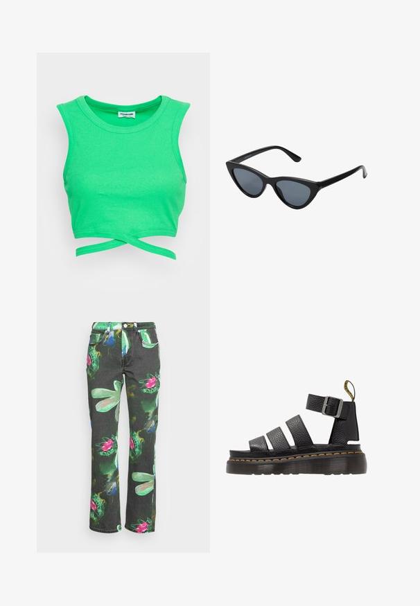 Top corto de canalé verde con diseño sin mangas y cuello redondo. Presenta un cierre envolvente en la cintura. Tejido texturizado.; Weekday PIN GREEN BLOOM - Vaqueros rectos - green; Sandalia de cuero negro con tres correas anchas, hebilla de metal ajustable, suela gruesa con textura y detalle de costura naranja a lo largo del borde.; Gafas de sol negras en forma de ojo de gato con lentes gris oscuro, marco de plástico elegante, esquinas puntiagudas y patillas rectas. Sin herrajes ni acentos visibles.