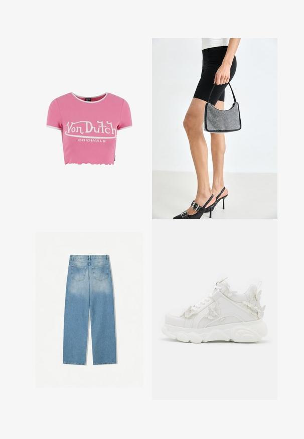 Lyserød cropped t-shirt i ribbet stof med hvid, bølget kant. Har "Von Dutch" logo i hvidt tryk på brystet. Korte ærmer.; Lysblå denimjeans med lige ben-design, som har to baglommer og en falmet tekstur i de øverste sektioner.; Hvid chunky sneaker med tyk sål og dekorative 3D sommerfugle detaljer på siden, snørebånd og hæl.; Sort perlehandtaske med en buet silhuet, bærehåndtag og blank overflade. Båret med højhælede sorte sko og tætsiddende sorte shorts.