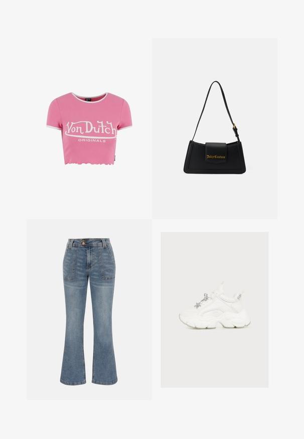 T-shirt court rose en tissu côtelé avec un ourlet blanc en forme de vagues. Présente le logo "Von Dutch" imprimé en blanc sur la poitrine. Manches courtes.; Jean en denim bleu à taille haute, poches plaquées à l'avant, fermeture par bouton et zip, et une silhouette de jambe légèrement évasée.; Baskets blanches épaisses avec semelle épaisse et breloque en forme d'étoile argentée sur les lacets sur fond clair.; Sac à main en imitation cuir noir, de forme rectangulaire, avec un logo doré et une seule sangle ajustable. Il présente une fermeture à rabat et un design épuré.