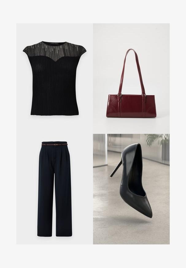 Top negro acanalado sin mangas con canesú de malla transparente y mangas cortas, con detalle de escote corazón.; Pantalones negros de talle alto y pierna ancha con pinzas y un cinturón trenzado fino marrón, mostrados sobre un fondo blanco.; Zapato de tacón alto de cuero negro con punta afilada, diseño elegante y sin herrajes visibles. Textura suave y estilo minimalista.; Bolso burdeos hecho de material brillante, de forma rectangular, con dos asas para el hombro y sutiles acentos curvados en la parte frontal.