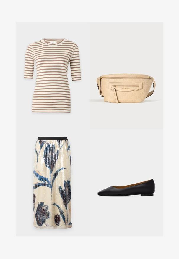 Top en maille à manches courtes beige et blanc à rayures horizontales, col rond et coupe slim.; Jupe midi beige avec taille élastique noire, grand motif floral bleu et sombre pailleté.; Chaussure plate en cuir noir à bout pointu avec talon bas et finition lisse, vue de côté sur un fond gris clair.; Sac banane en cuir beige embossé du logo "MK" répété, avec une poche avant zippée et une bandoulière réglable.