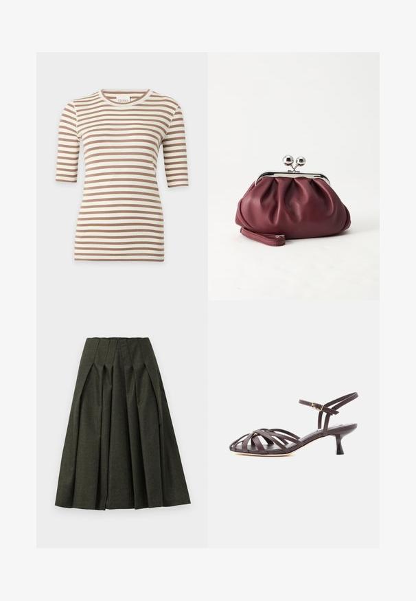 Top en maille à manches courtes beige et blanc à rayures horizontales, col rond et coupe slim.; Jupe plissée vert foncé en tissu texturé. Caractéristiques d'une taille haute et d'une silhouette évasée, avec des plis profonds pour plus de volume.; Sandale à talon kitten en cuir marron foncé avec lanières et bride de cheville réglable à boucle sur fond blanc.; Petit sac pochette en cuir bordeaux avec fermoir métallique argenté et bracelet sur fond blanc.