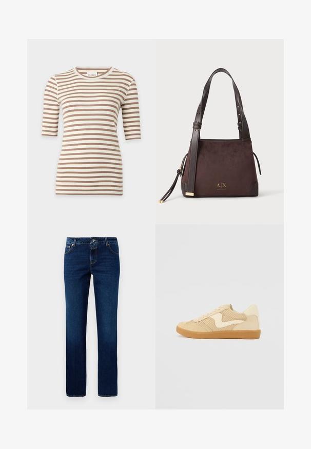 Top en maille à manches courtes beige et blanc à rayures horizontales, col rond et coupe slim.; Jean en denim bleu foncé avec une coupe droite, doté d'une taille classique, de cinq poches et de détails de couture subtils sur les coutures.; Sneaker beige avec des matériaux en daim et en maille, forme arrondie, col rembourré proéminent et semelle en caoutchouc gomme. Présente un accent de design en forme de vague.; Sac à main Armani Exchange marron foncé avec des bretelles en cuir réglables et un logo doré à l'avant, sur fond blanc.