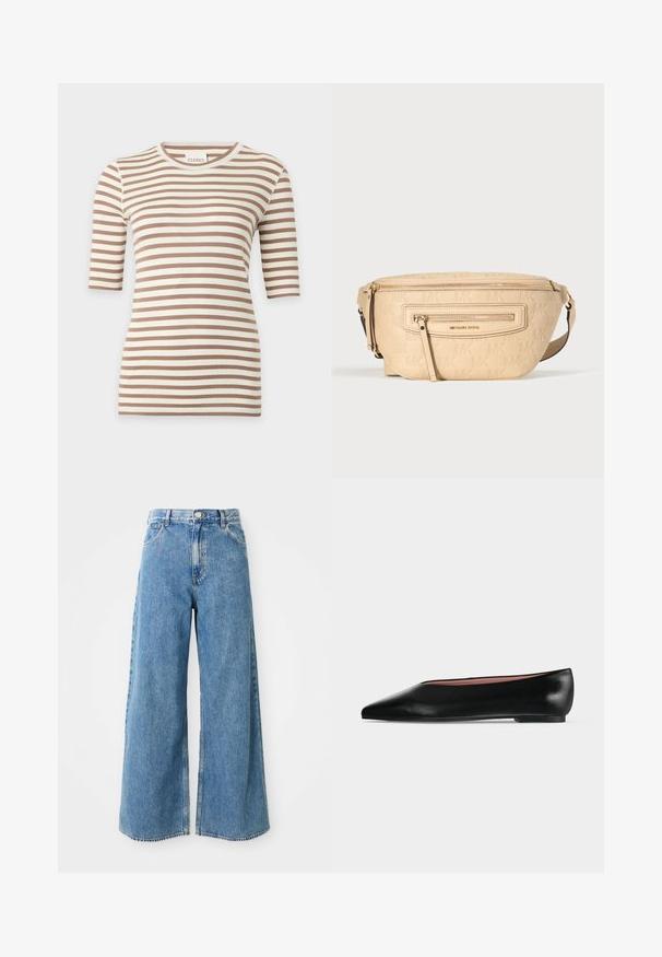 Top en maille à manches courtes beige et blanc à rayures horizontales, col rond et coupe slim.; Jean en denim léger bleu clair à taille haute, avec fermeture à boutons et à glissière à l'avant, et poches avant sur fond blanc.; Chaussure plate en cuir noir pour femme, avec bout pointu et petit talon, vue de côté sur un fond gris clair uni.; Sac banane en cuir beige embossé du logo "MK" répété, avec une poche avant zippée et une bandoulière réglable.