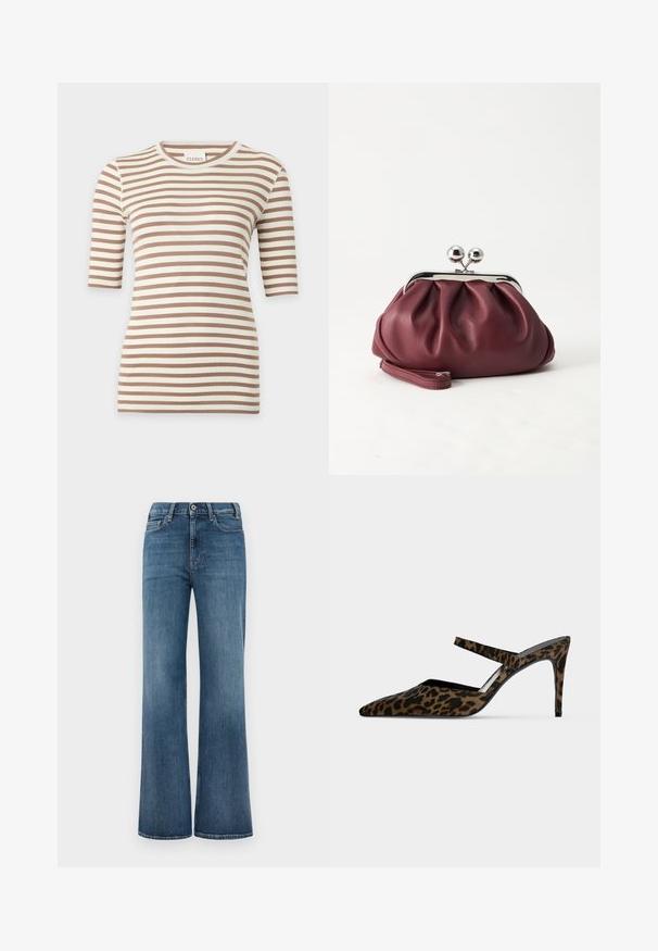 Beige-weiß gestreiftes kurzärmliges Stricktop mit Rundhalsausschnitt und schlanker Passform.; Blaue Denim-Jeans mit weitem Beinansatz, Knopf- und Reißverschluss, sowie Vorder- und Gesäßtaschen, präsentiert auf einem schlichten weißen Hintergrund.; Braun-schwarzer Leopardenmuster-Pantolette mit hohem Absatz, spitzer Spitze und einem dünnen Riemen über dem Oberfuß.; Kleine burgunderrote Lederclutch mit silbernem Metallverschluss und Handgelenksriemen auf weißem Hintergrund.