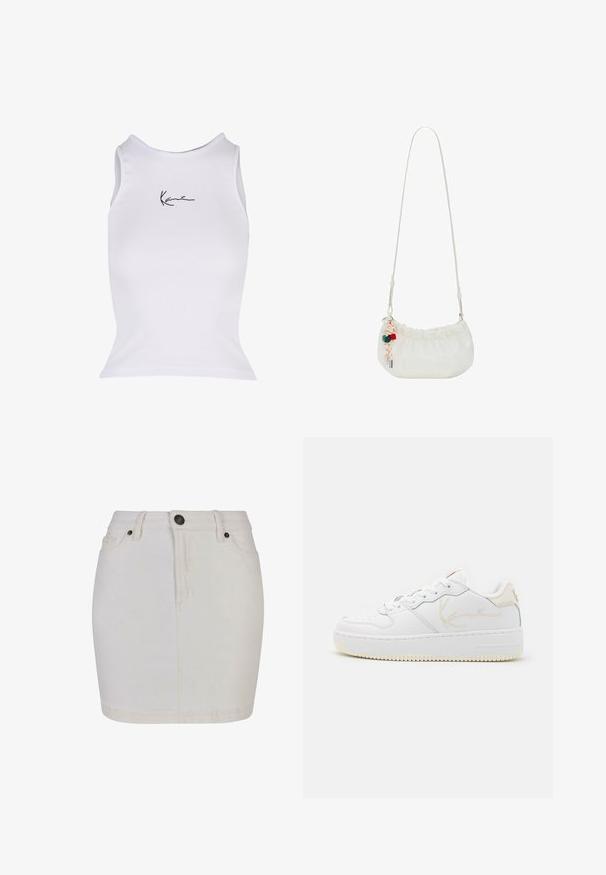 Witte geribbelde tanktop met een ronde hals en een zwart handtekeninglogo op de voorkant. Het ontwerp is aansluitend en mouwloos.; Witte denim minirok met hoge taille, vooraan knopen en rits, riemlussen en twee voorzakken.; Witte leren sneaker met een ronde neus, textiele voering, geperforeerde details en subtiele beige accenten op de tong en zijkant.; Wit polstasje met een geplooide bovenkant, dun verstelbaar draagriempje en een decoratieve oranje-witte koord met rode en groene kubusbedels.