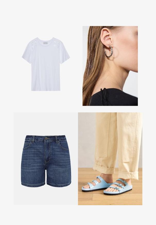 T-shirt blanc à manches courtes, avec des broderies florales sur les épaules. Fabriqué en coton doux, col rond, coupe décontractée.; Shorts en denim bleu foncé avec bouton frontal, fermeture éclair, passants pour ceinture et poches avant, présentés sur un fond blanc.; Des sandales à glissière bleu clair avec trois sangles réglables et des boucles en argent ; semelle texturée et matériau supérieur lisse. Portées avec un pantalon beige retroussé.; Boucle d'oreille en argent avec une finition polie, présentant de petits détails en or et de forme ronde, portée sur le lobe.
