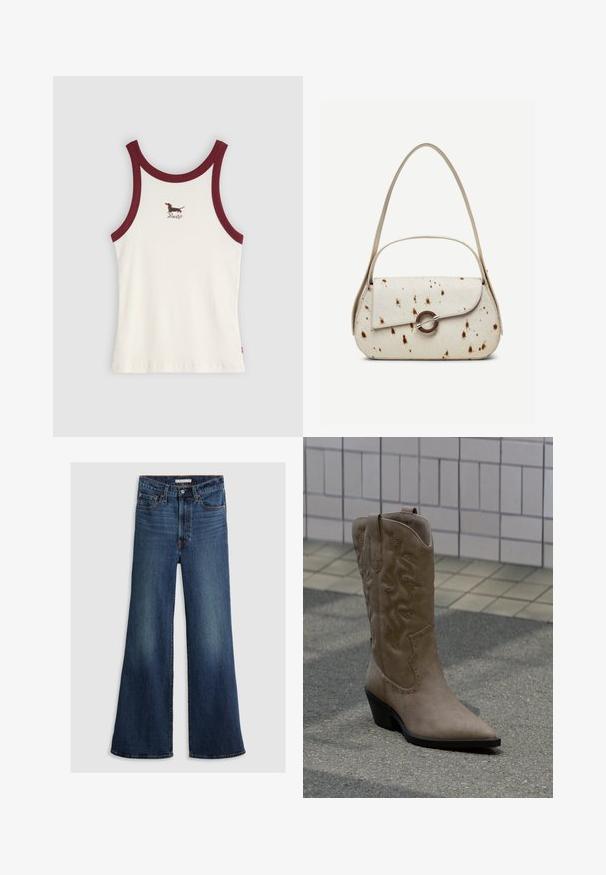 Witte mouwloze geribbelde tanktop met donkerrode bies en kleine geborduurde teckel en Levi's-logo op de borst.; Wijde jeans in donkerblauw denim, met een hoge taille, vijf zakken en contrasterend stiksel langs de naden en tailleband.; Lage beige suède cowboylaars met decoratieve stiksels en studs, voorzien van een puntige neus en een schuin lopende zwarte hak, staand op een betonnen ondergrond.; Crèmekleurige handtas met bruine spikkels, gebogen klep met ronde metalen sluiting, voorzien van twee dunne bandjes, waarvan één langer voor gebruik over de schouder.